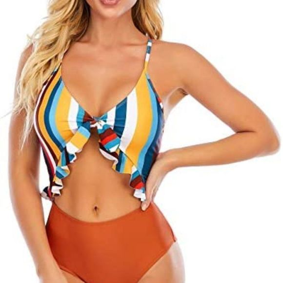 Women Cut Out One Piece Swimsuit Striped Monokini - Picture 1 of 8